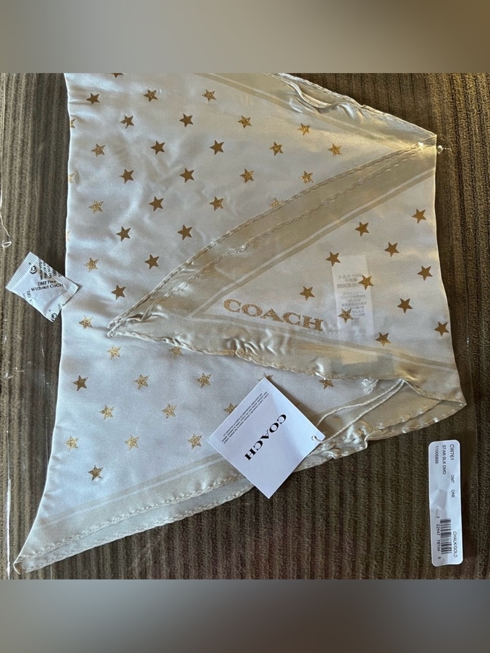 COACH Metallic Gold Stars on Chalk Silk Diamond Shaped Scarf - Picture 7 of 8